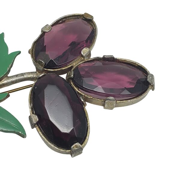 Purple Flower Brooch Gold Tone Vtg Amethyst Glass Stone Green Enamel Pin Retro - Picture 8 of 9